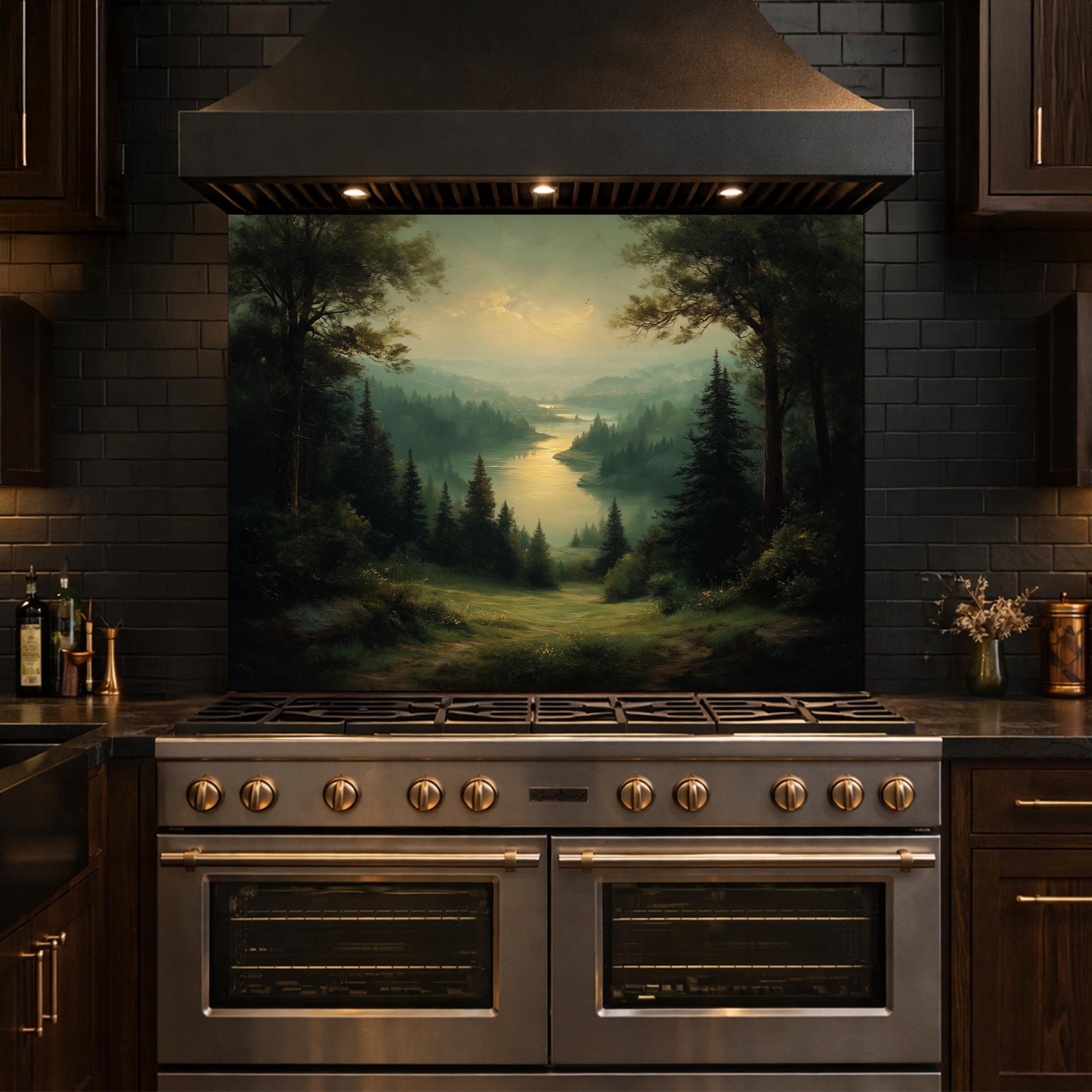 Vintage Forest Backsplash - Misty Woodland Scenic Glass Panel, Kitchen Stove Splashback, Nature-Inspired Art Tile