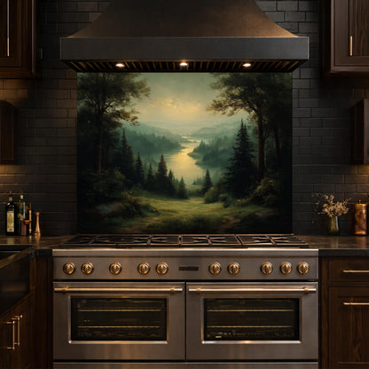 Vintage Forest Backsplash - Misty Woodland Scenic Glass Panel, Kitchen Stove Splashback, Nature-Inspired Art Tile