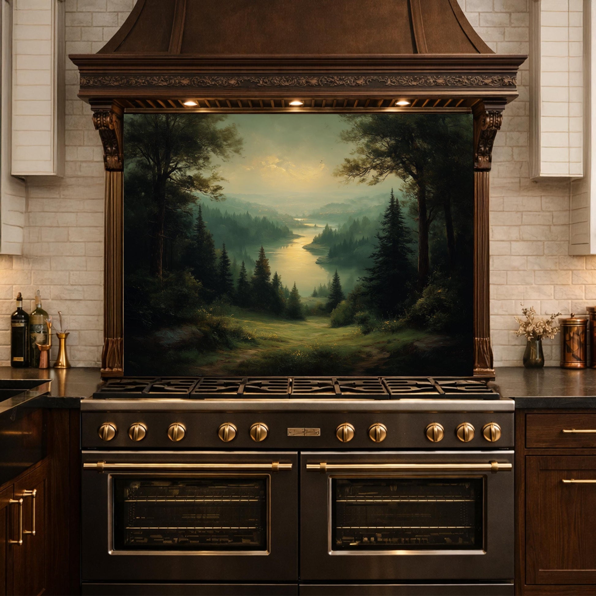Vintage Forest Backsplash - Misty Woodland Scenic Glass Panel, Kitchen Stove Splashback, Nature-Inspired Art Tile
