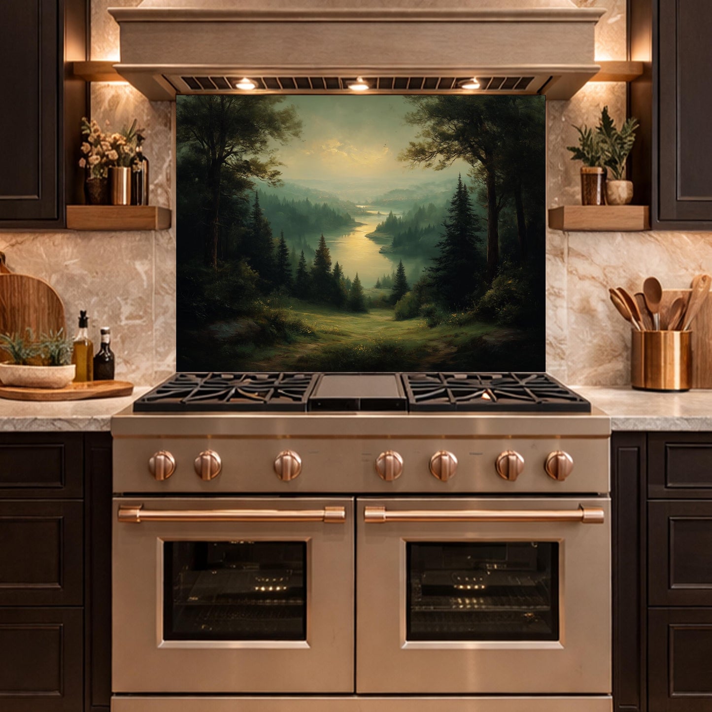 Vintage Forest Backsplash - Misty Woodland Scenic Glass Panel, Kitchen Stove Splashback, Nature-Inspired Art Tile