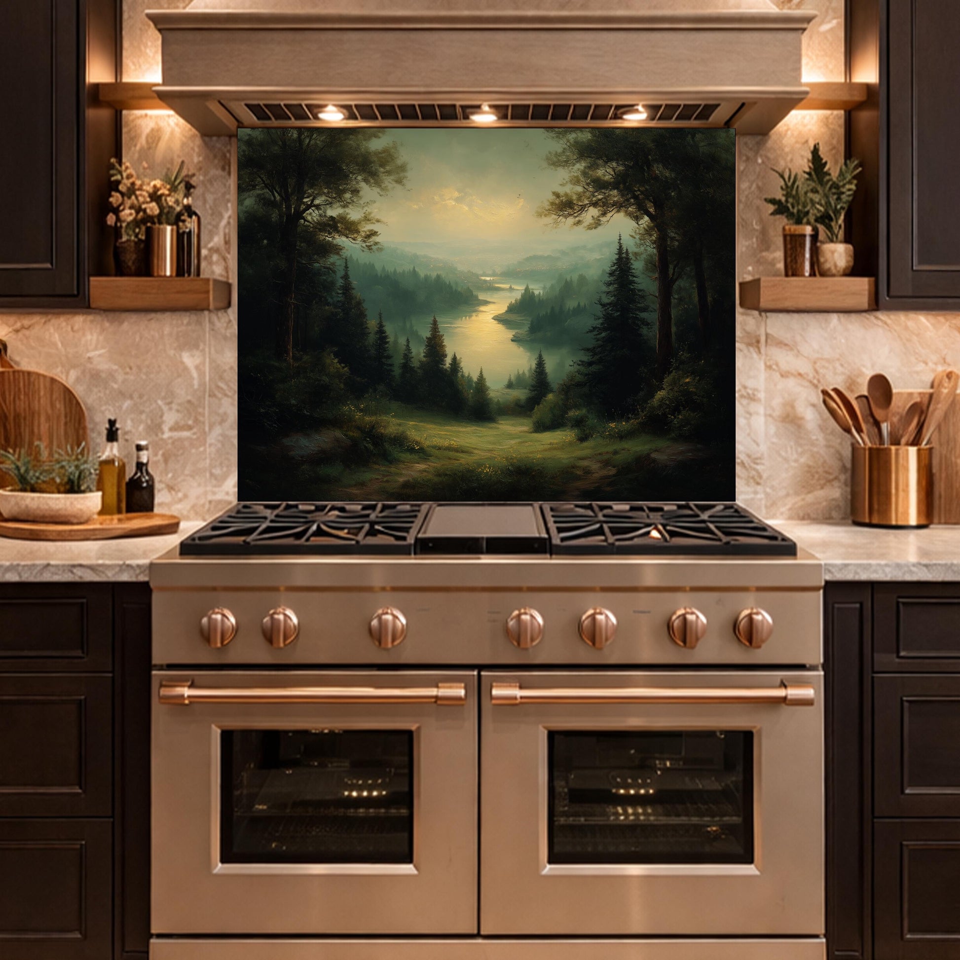 Vintage Forest Backsplash - Misty Woodland Scenic Glass Panel, Kitchen Stove Splashback, Nature-Inspired Art Tile