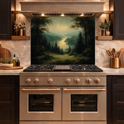 Vintage Forest Backsplash - Misty Woodland Scenic Glass Panel, Kitchen Stove Splashback, Nature-Inspired Art Tile