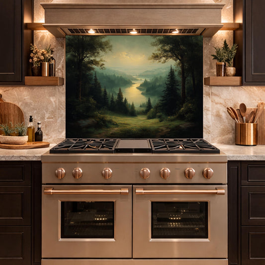Vintage Forest Backsplash - Misty Woodland Scenic Glass Panel, Kitchen Stove Splashback, Nature-Inspired Art Tile
