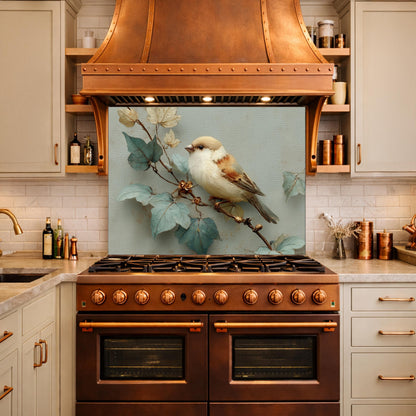 Sparrow Kitchen Backsplash - Oil Painting Floral Glass Panel, Stove Splashback, Nature Inspired Decor