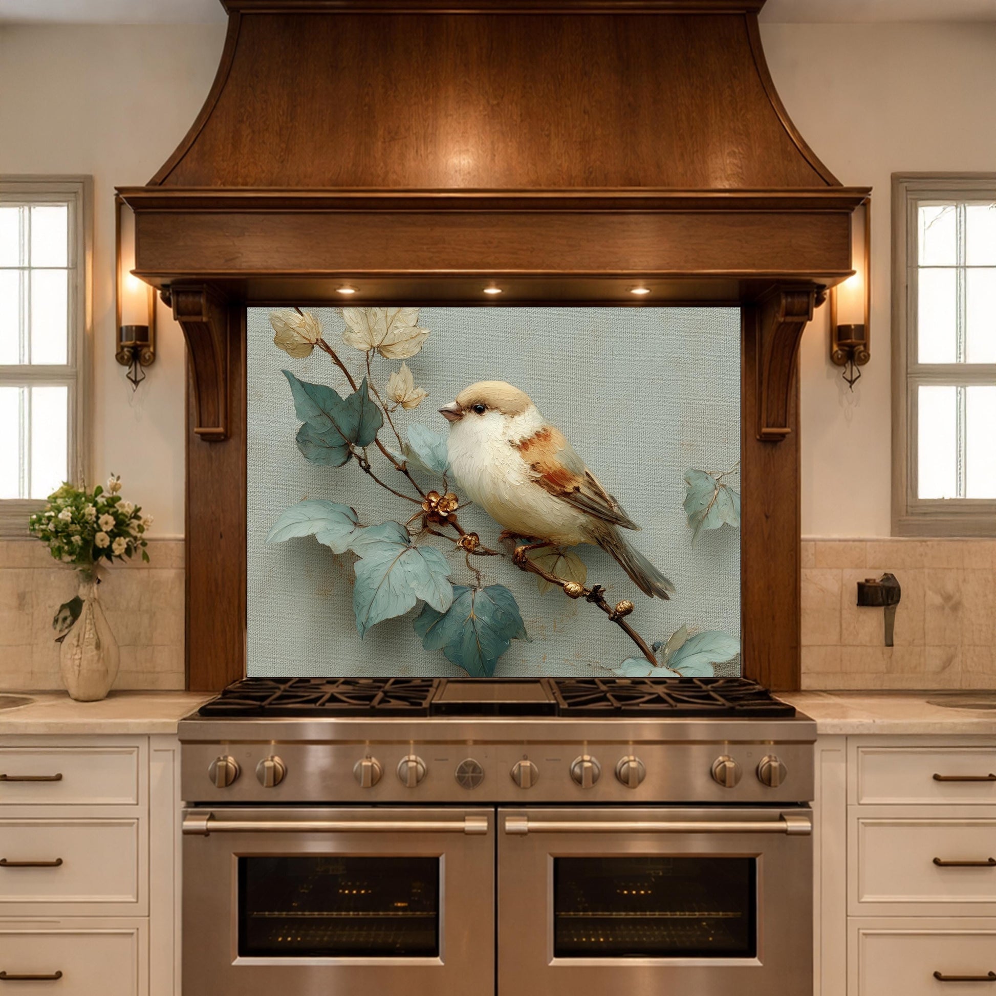 Sparrow Kitchen Backsplash - Oil Painting Floral Glass Panel, Stove Splashback, Nature Inspired Decor