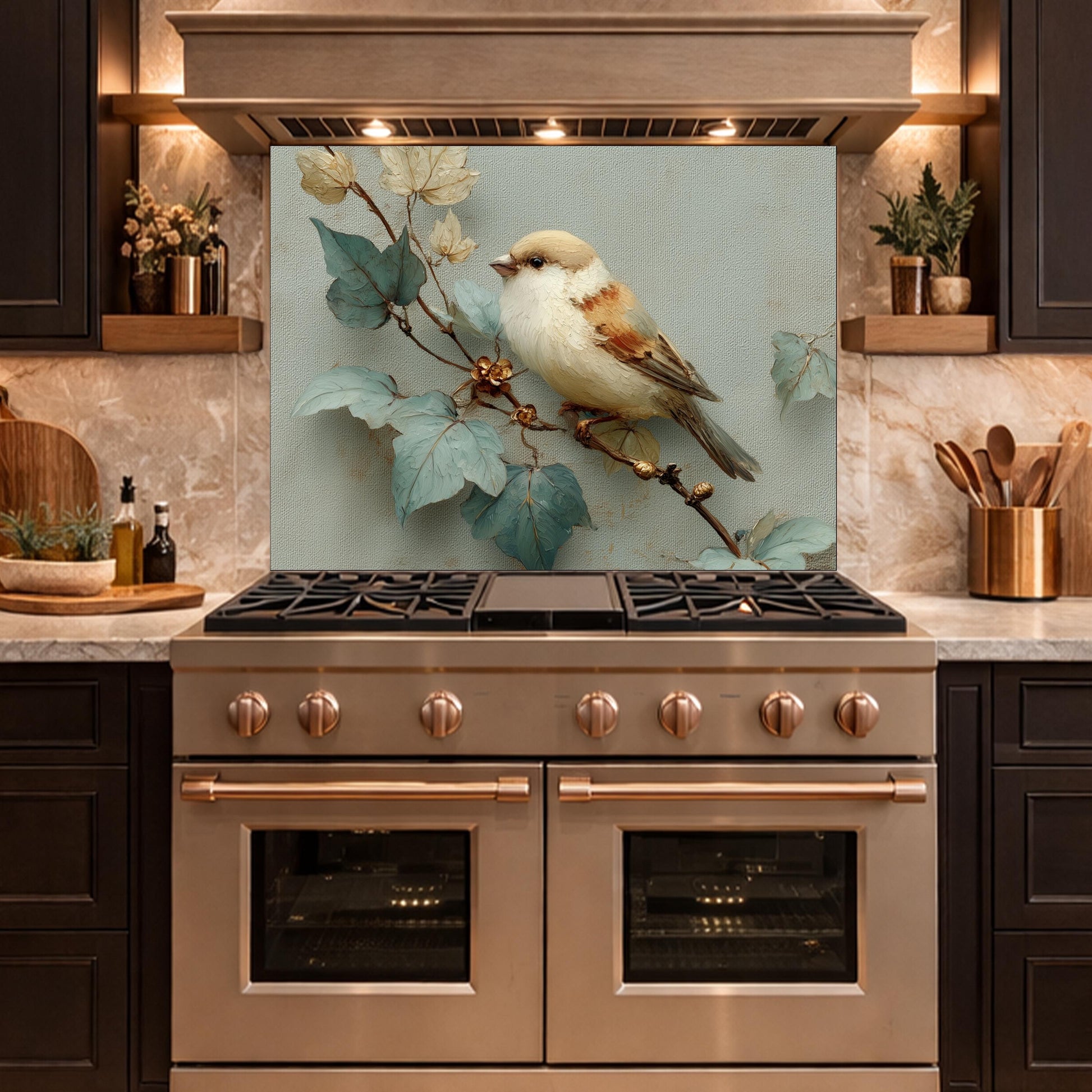 Sparrow Kitchen Backsplash - Oil Painting Floral Glass Panel, Stove Splashback, Nature Inspired Decor