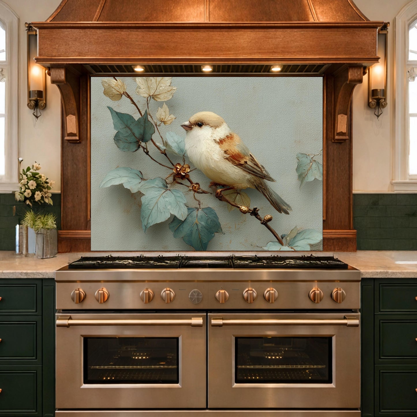 Sparrow Kitchen Backsplash - Oil Painting Floral Glass Panel, Stove Splashback, Nature Inspired Decor