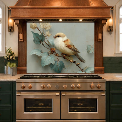 Sparrow Kitchen Backsplash - Oil Painting Floral Glass Panel, Stove Splashback, Nature Inspired Decor