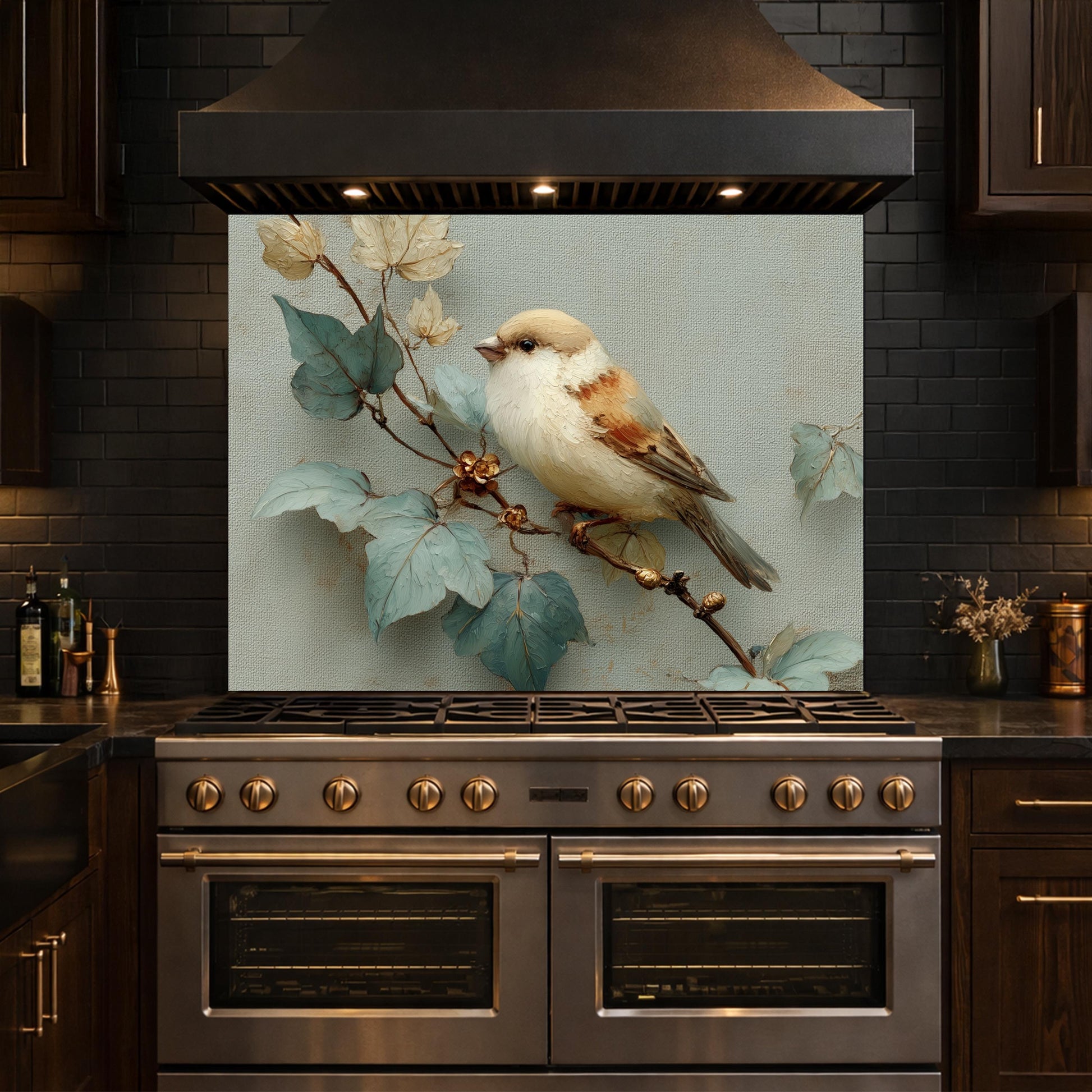 Sparrow Kitchen Backsplash - Oil Painting Floral Glass Panel, Stove Splashback, Nature Inspired Decor