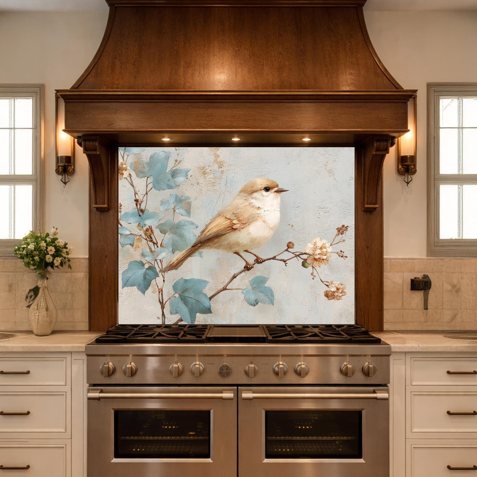 Sparrow Kitchen Backsplash, Textured Oil Painting Glass Panel, Stove Splashback, Nature Inspired Decor