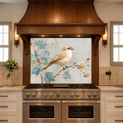 Sparrow Kitchen Backsplash, Textured Oil Painting Glass Panel, Stove Splashback, Nature Inspired Decor