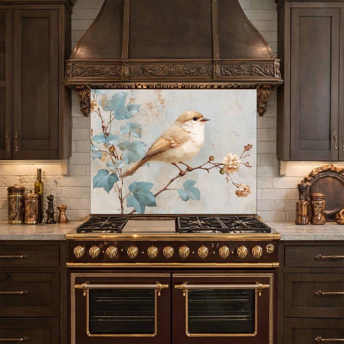 Sparrow Kitchen Backsplash, Textured Oil Painting Glass Panel, Stove Splashback, Nature Inspired Decor
