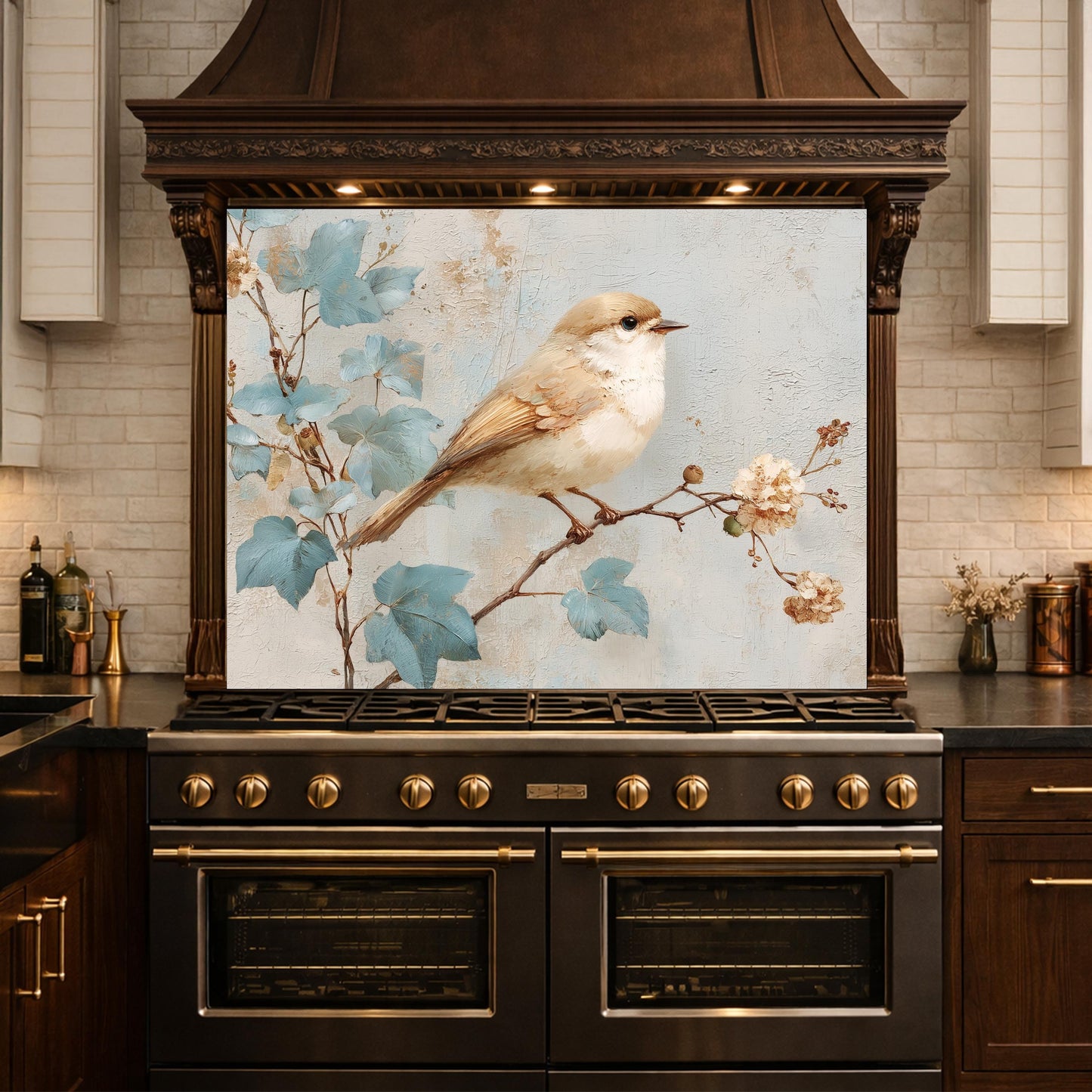 Sparrow Kitchen Backsplash, Textured Oil Painting Glass Panel, Stove Splashback, Nature Inspired Decor