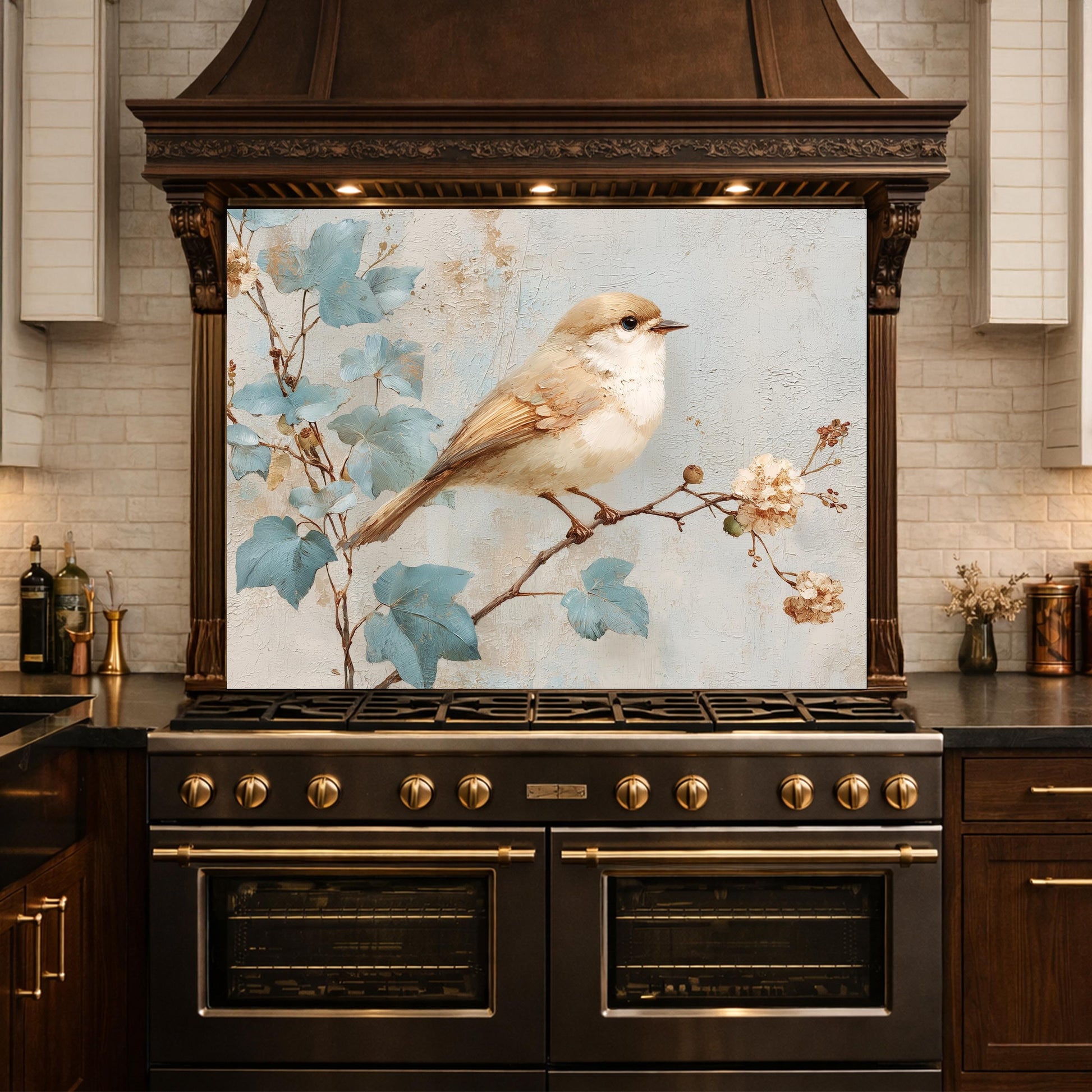 Sparrow Kitchen Backsplash, Textured Oil Painting Glass Panel, Stove Splashback, Nature Inspired Decor