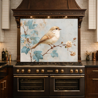 Sparrow Kitchen Backsplash, Textured Oil Painting Glass Panel, Stove Splashback, Nature Inspired Decor