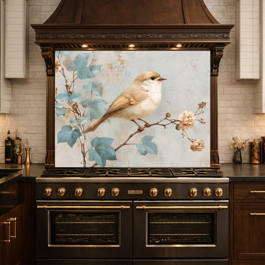 Sparrow Kitchen Backsplash, Textured Oil Painting Glass Panel, Stove Splashback, Nature Inspired Decor