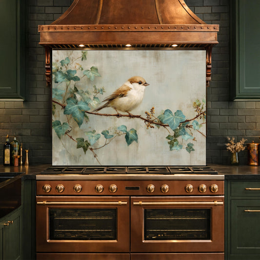 Sparrow Kitchen Backsplash, Vintage Oil Painting Glass Panel, Stove Splashback, Nature Inspired Decor