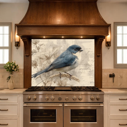 Bluebird Kitchen Backsplash, Vintage Floral Glass Panel, Stove Splashback, Nature Inspired Decor
