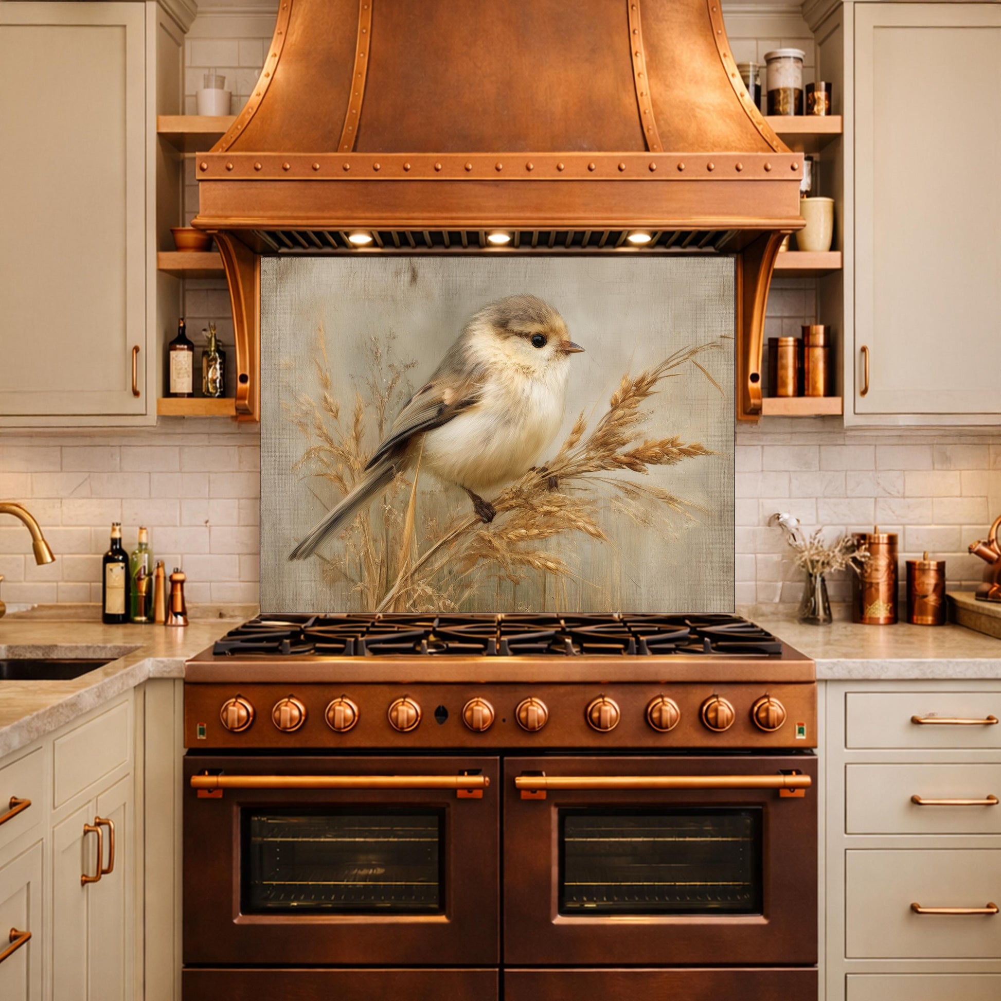 Hand Painted Bird Kitchen Backsplash, Tempered Glass Wall Art, Floral Nature Decor, Modern Home