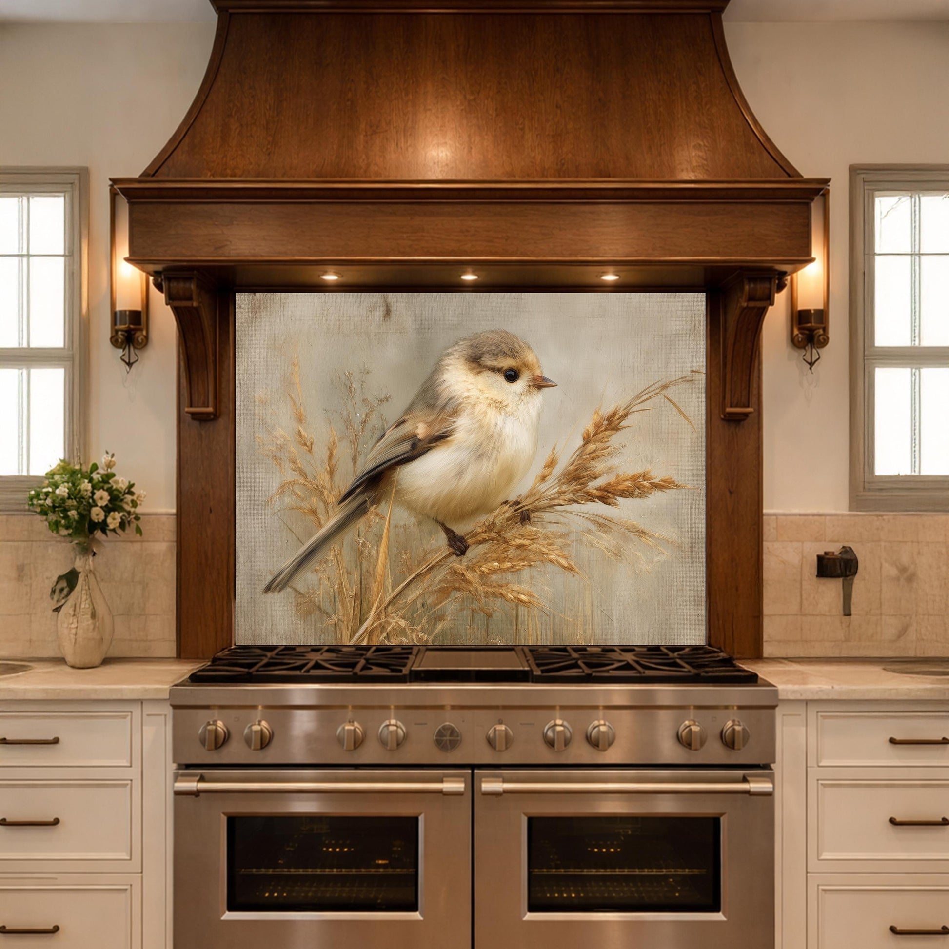 Hand Painted Bird Kitchen Backsplash, Tempered Glass Wall Art, Floral Nature Decor, Modern Home