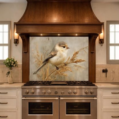 Hand Painted Bird Kitchen Backsplash, Tempered Glass Wall Art, Floral Nature Decor, Modern Home