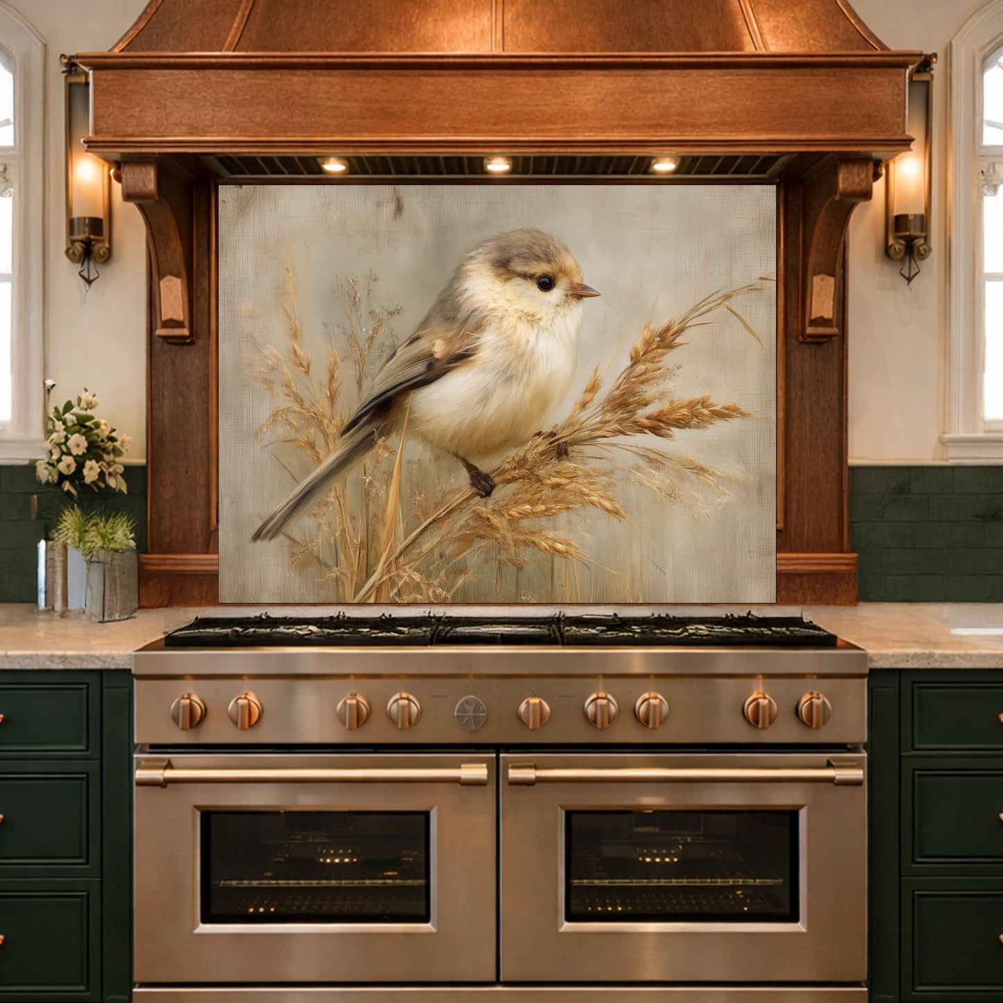 Hand Painted Bird Kitchen Backsplash, Tempered Glass Wall Art, Floral Nature Decor, Modern Home