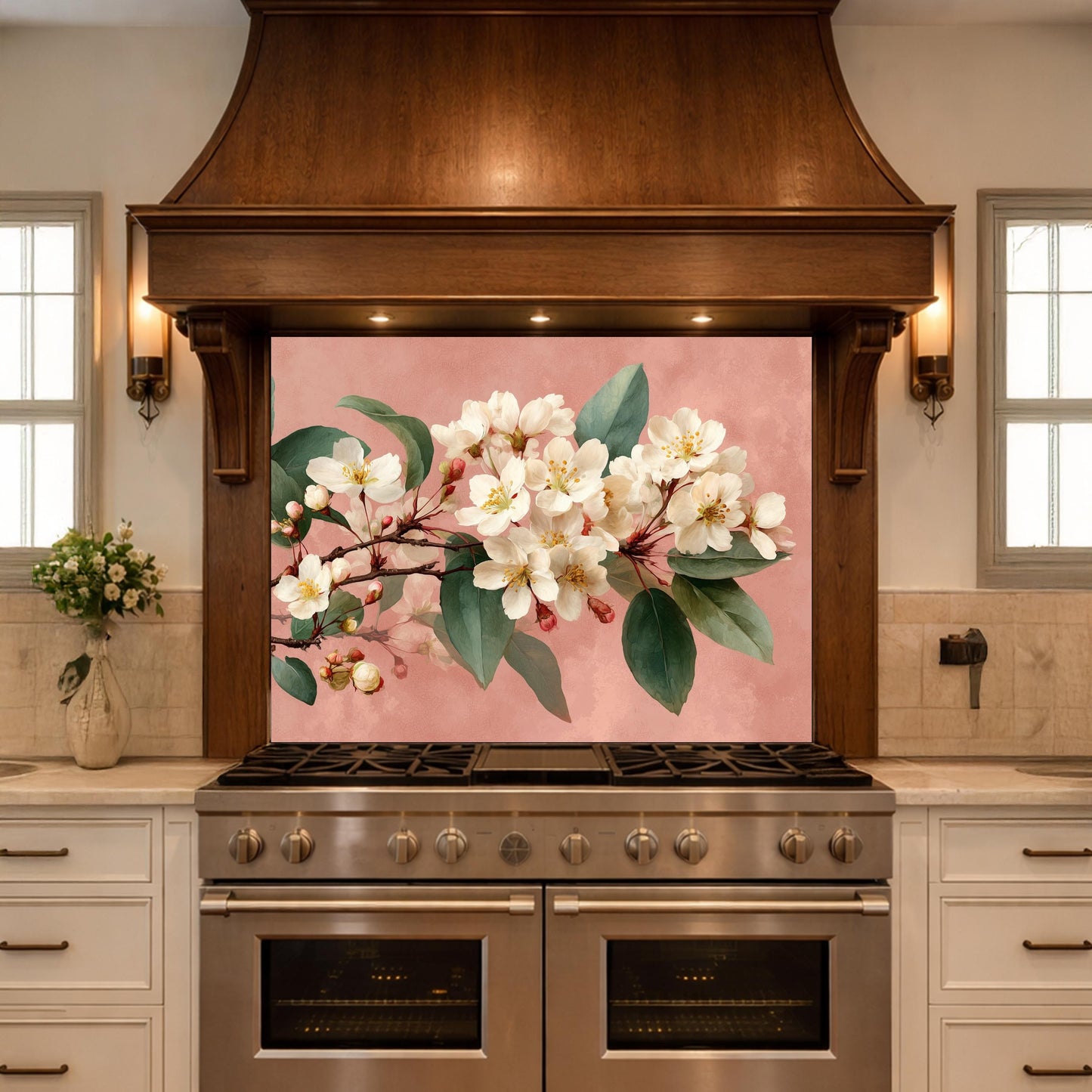 Cherry Blossom Glass Backsplash, Kitchen Wall Panel, Floral Tempered Glass Art