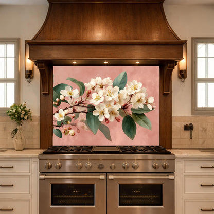 Cherry Blossom Glass Backsplash, Kitchen Wall Panel, Floral Tempered Glass Art