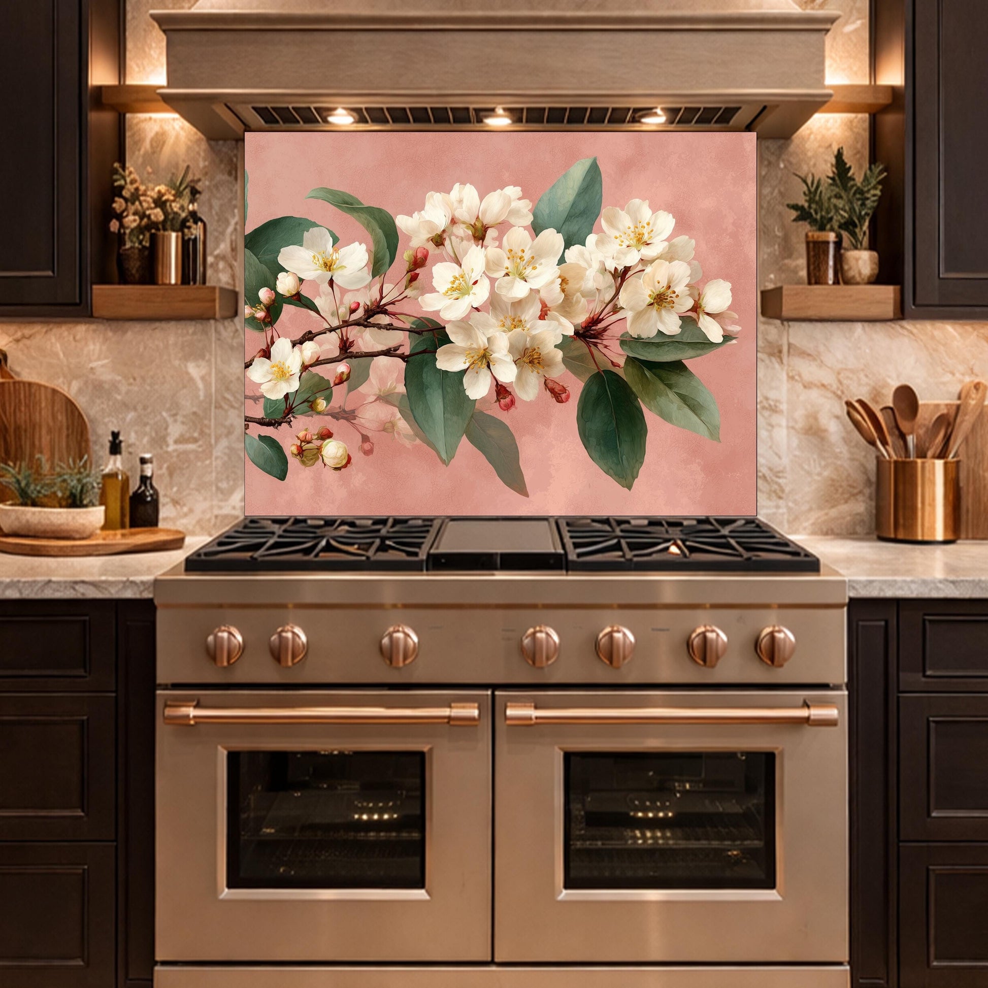 Cherry Blossom Glass Backsplash, Kitchen Wall Panel, Floral Tempered Glass Art