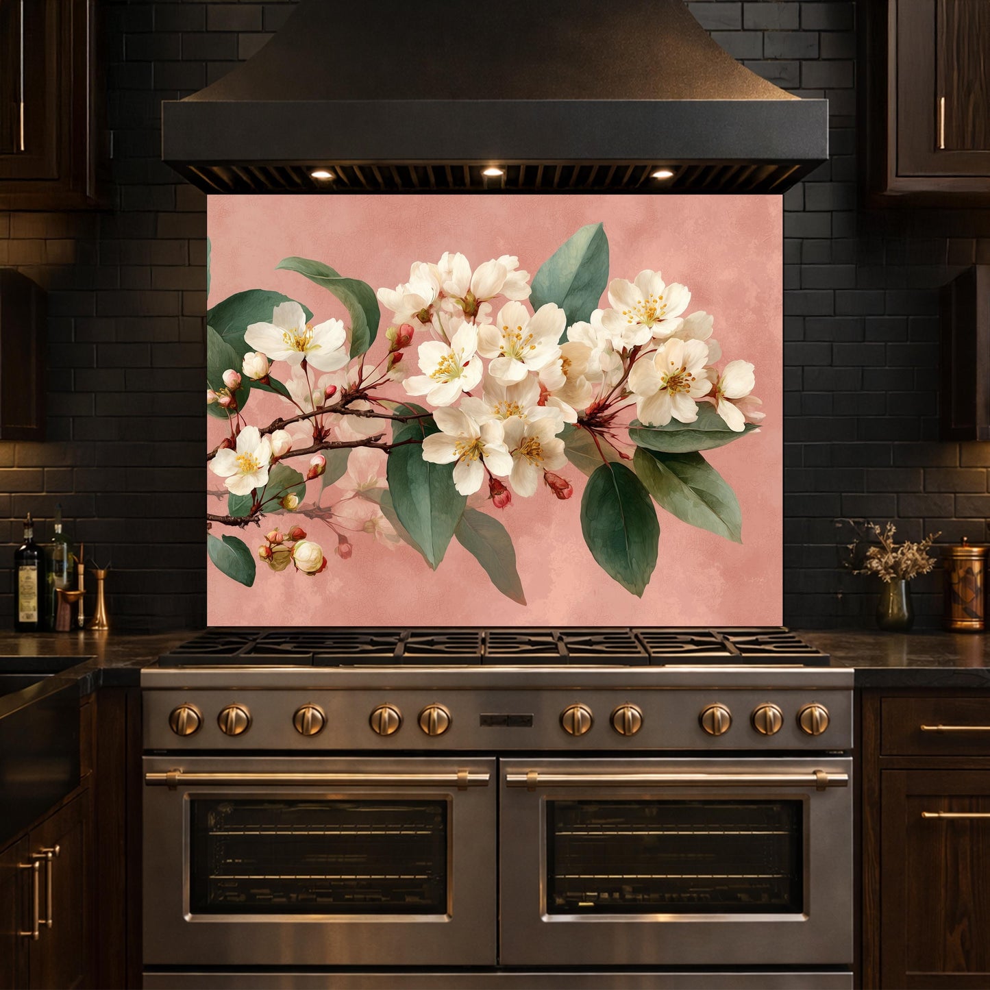 Cherry Blossom Glass Backsplash, Kitchen Wall Panel, Floral Tempered Glass Art