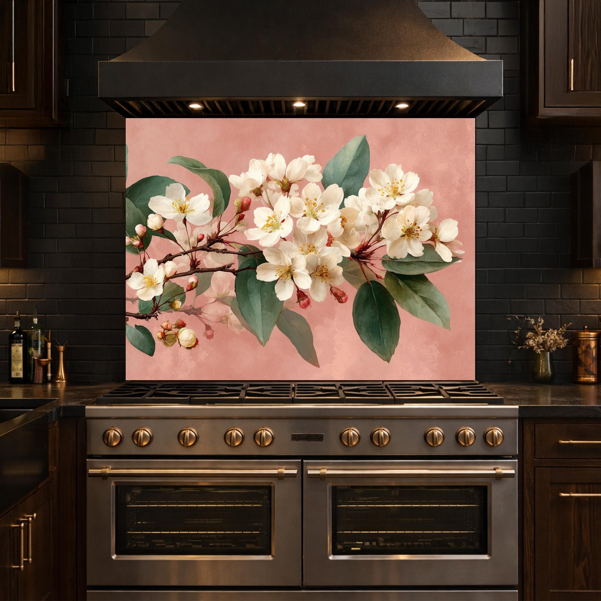 Cherry Blossom Glass Backsplash, Kitchen Wall Panel, Floral Tempered Glass Art