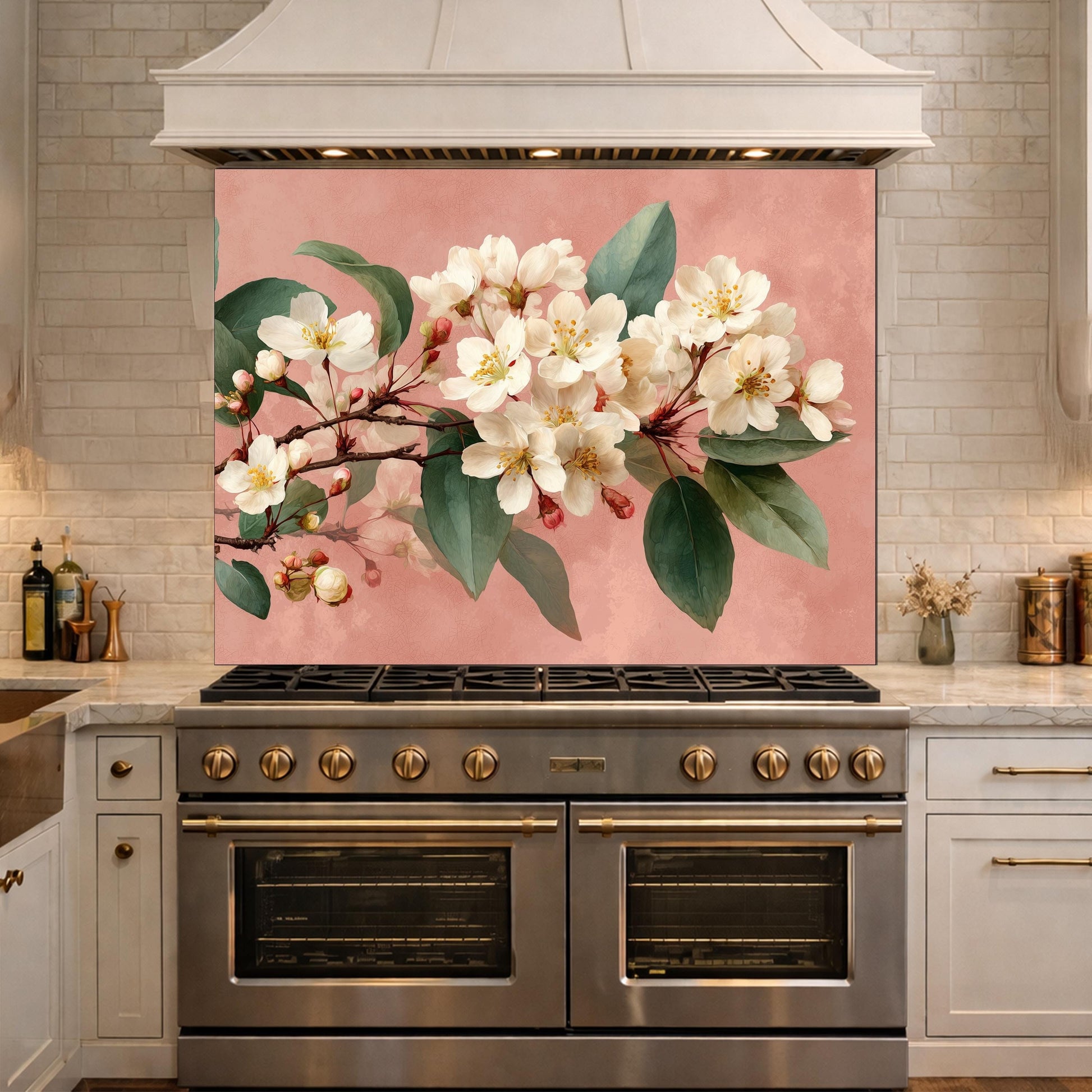 Cherry Blossom Glass Backsplash, Kitchen Wall Panel, Floral Tempered Glass Art