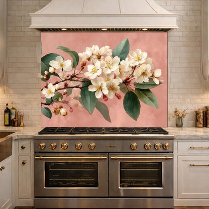 Cherry Blossom Glass Backsplash, Kitchen Wall Panel, Floral Tempered Glass Art