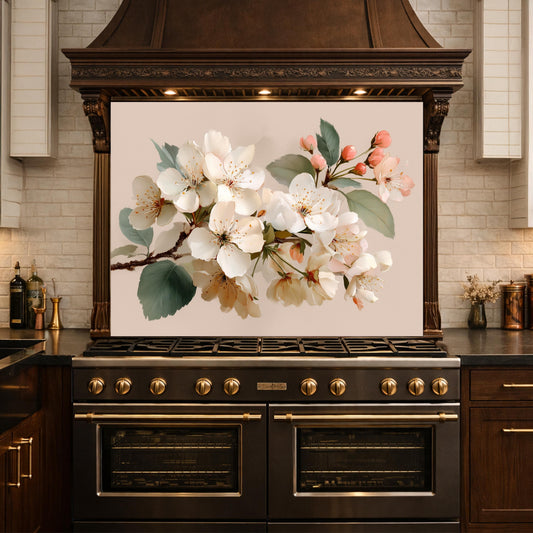 Vintage Flower Glass Backsplash, Kitchen Wall Art, Cherry Blossom Panel, Floral Kitchen Decor