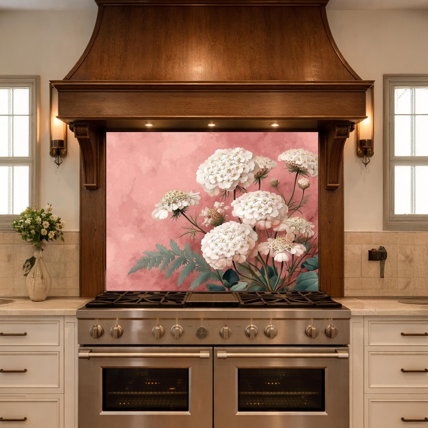 Pink Floral Tempered Glass Kitchen Backsplash, Modern Wall Art Panel