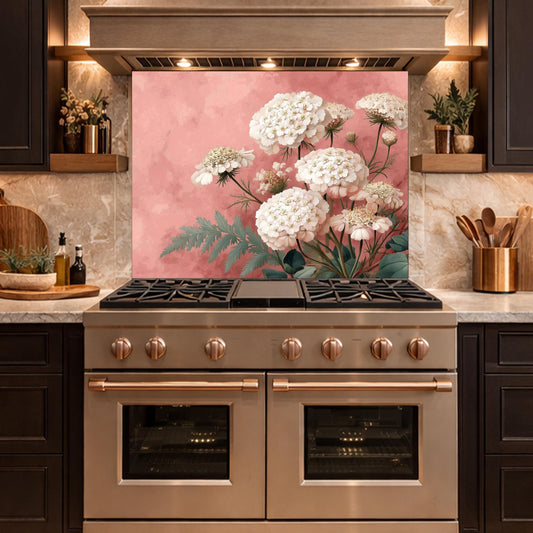 Pink Floral Tempered Glass Kitchen Backsplash, Modern Wall Art Panel