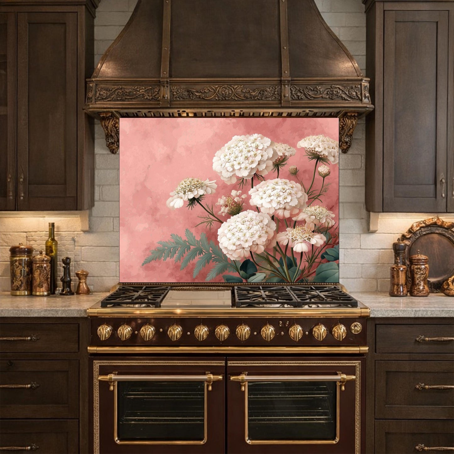 Pink Floral Tempered Glass Kitchen Backsplash, Modern Wall Art Panel