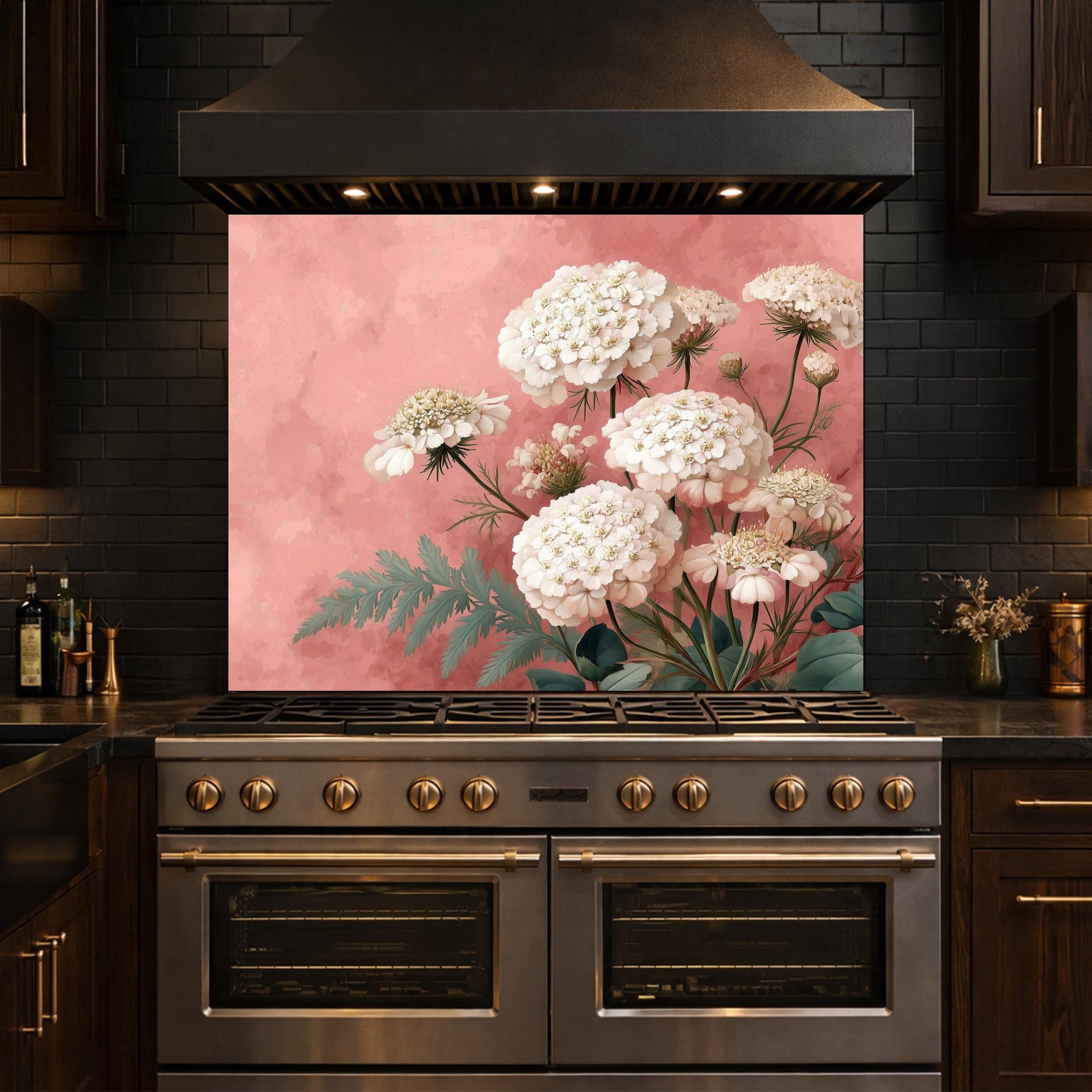 Pink Floral Tempered Glass Kitchen Backsplash, Modern Wall Art Panel