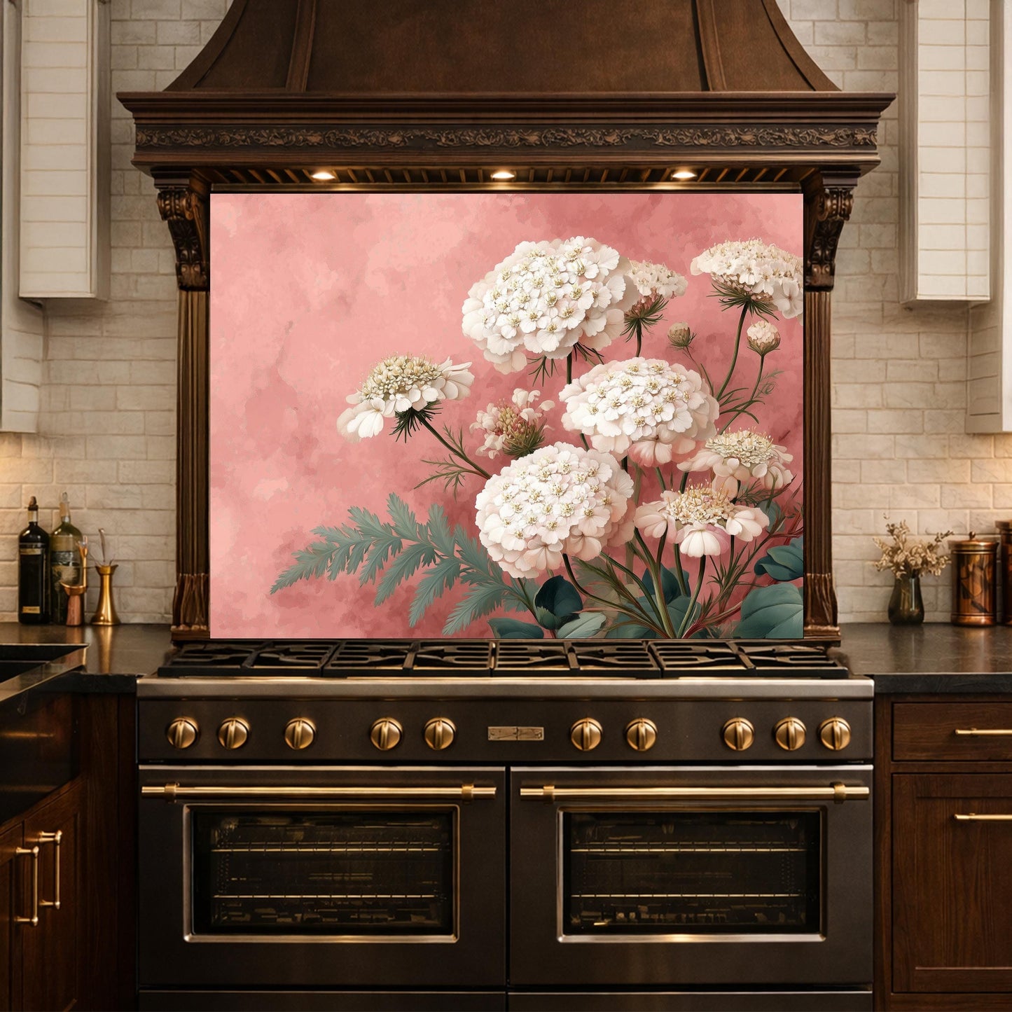 Pink Floral Tempered Glass Kitchen Backsplash, Modern Wall Art Panel