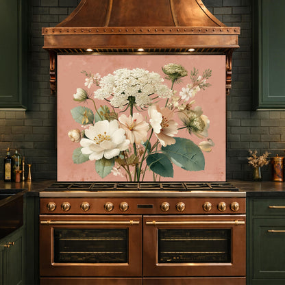 Neutral Floral Tempered Glass Kitchen Backsplash, Modern Wall Art Decor