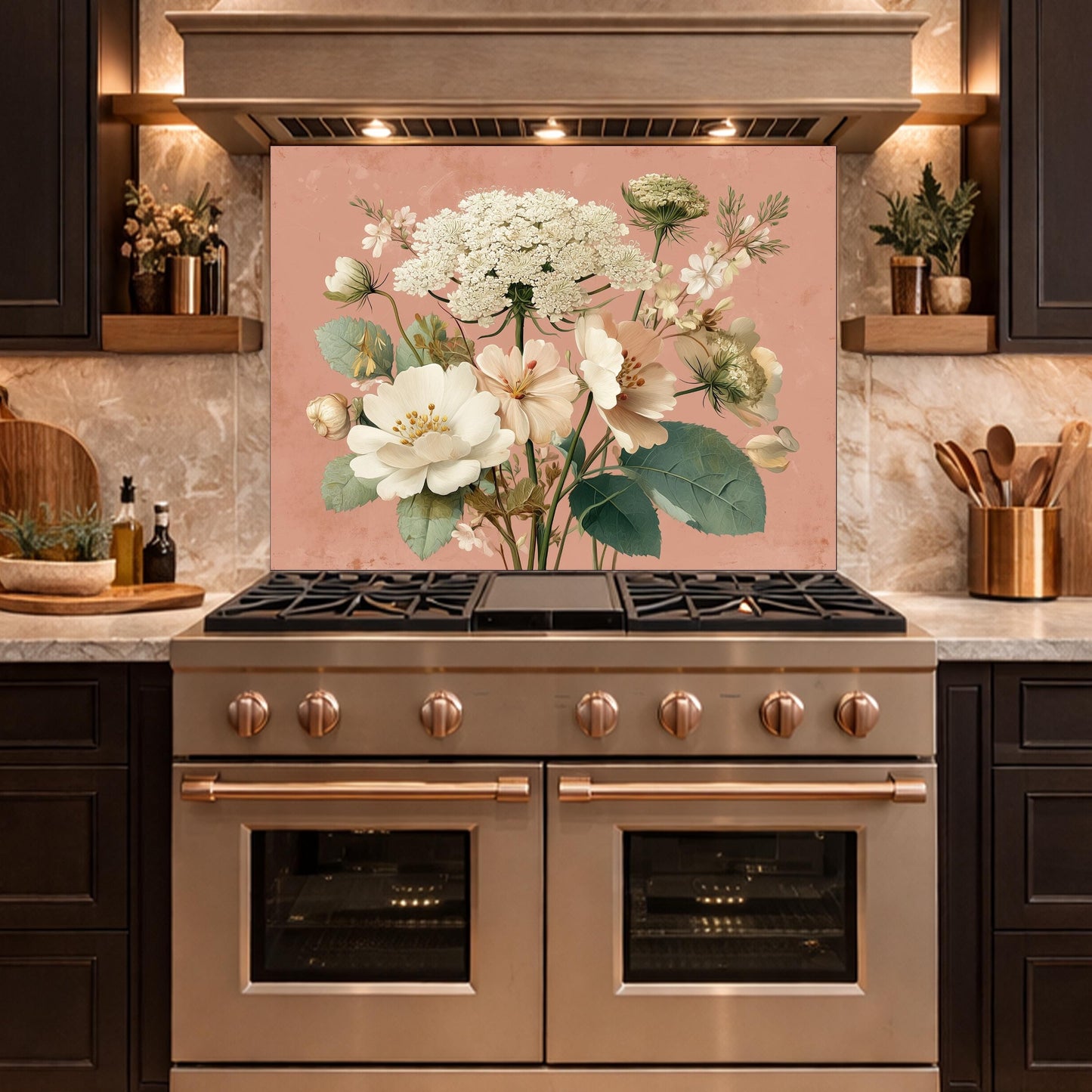 Neutral Floral Tempered Glass Kitchen Backsplash, Modern Wall Art Decor