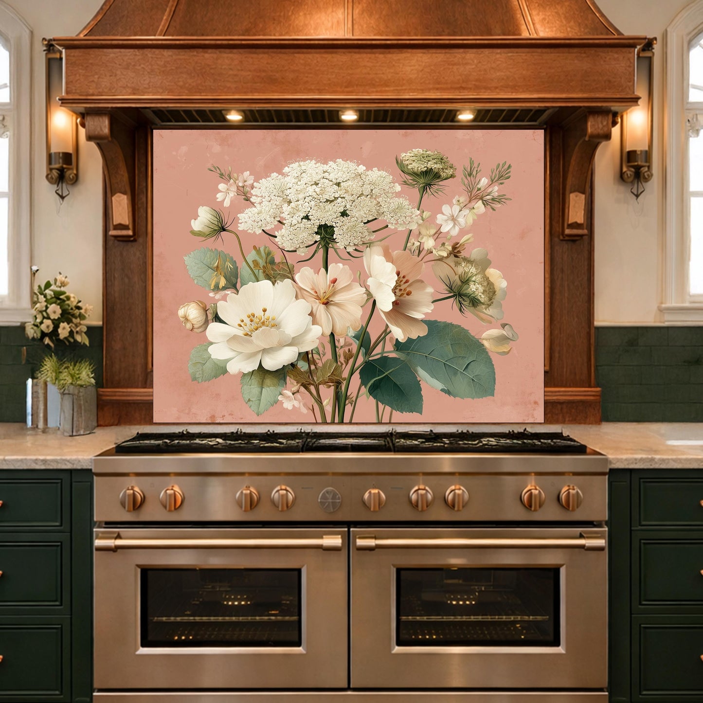 Neutral Floral Tempered Glass Kitchen Backsplash, Modern Wall Art Decor