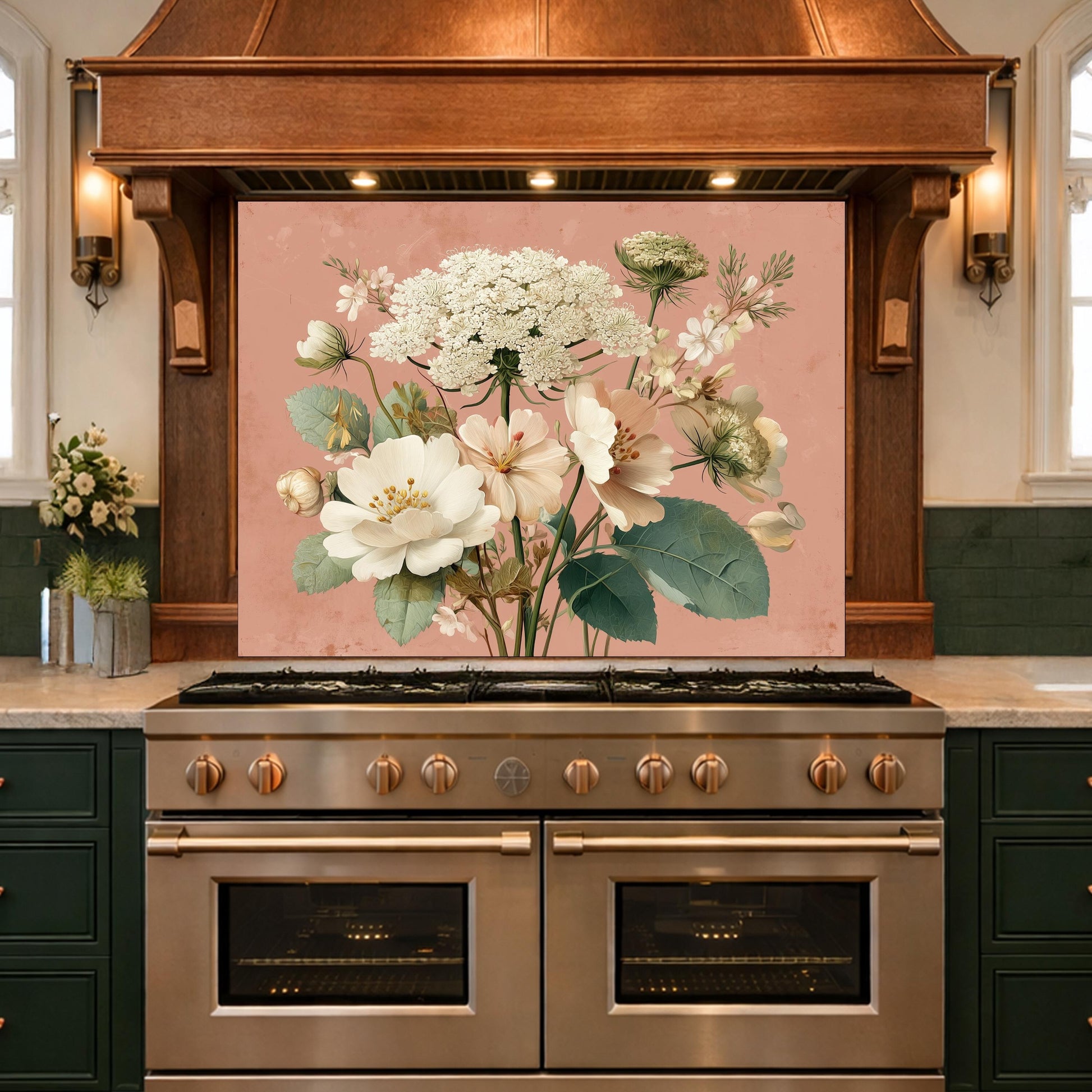 Neutral Floral Tempered Glass Kitchen Backsplash, Modern Wall Art Decor