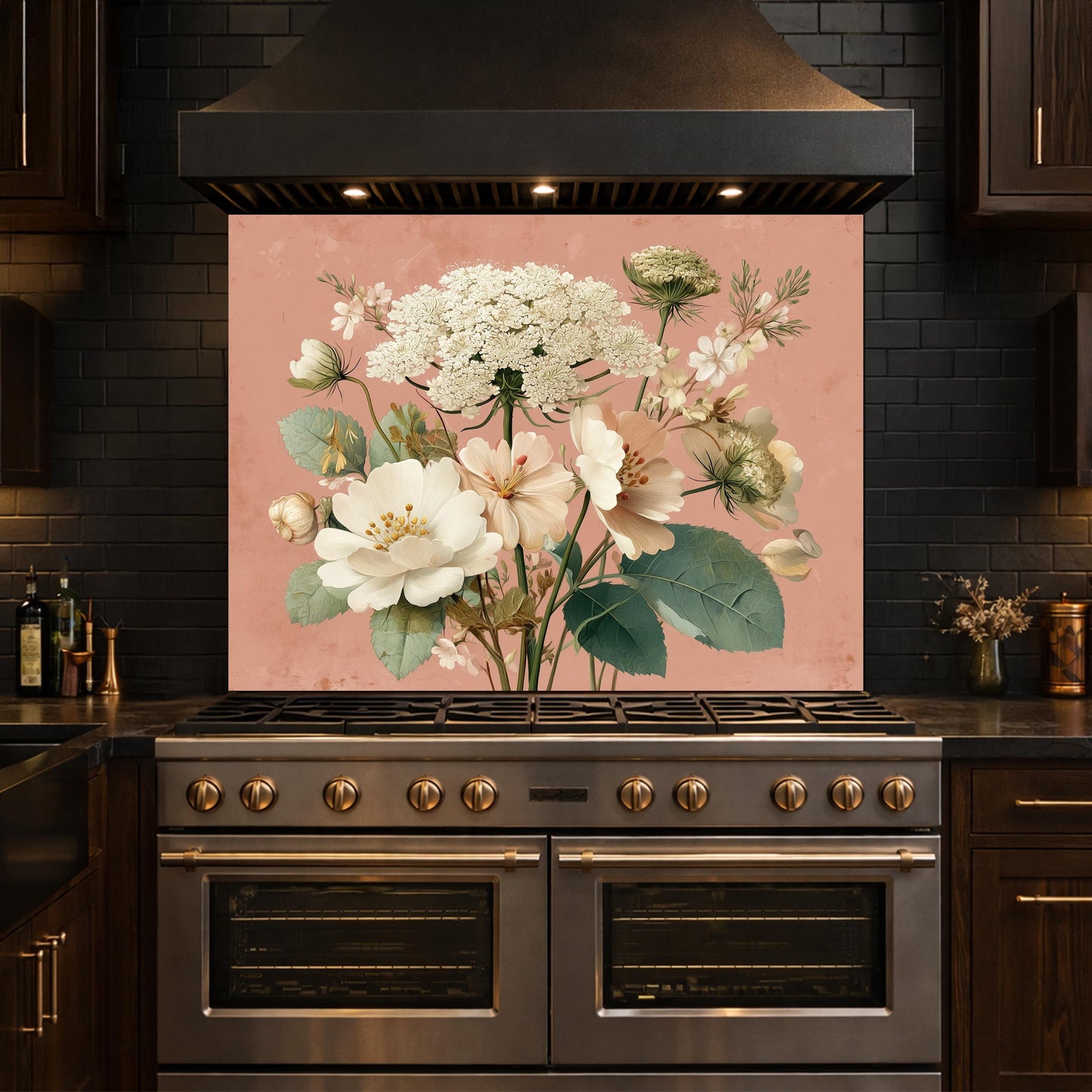 Neutral Floral Tempered Glass Kitchen Backsplash, Modern Wall Art Decor