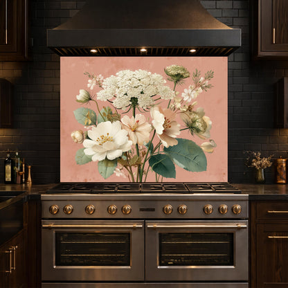 Neutral Floral Tempered Glass Kitchen Backsplash, Modern Wall Art Decor