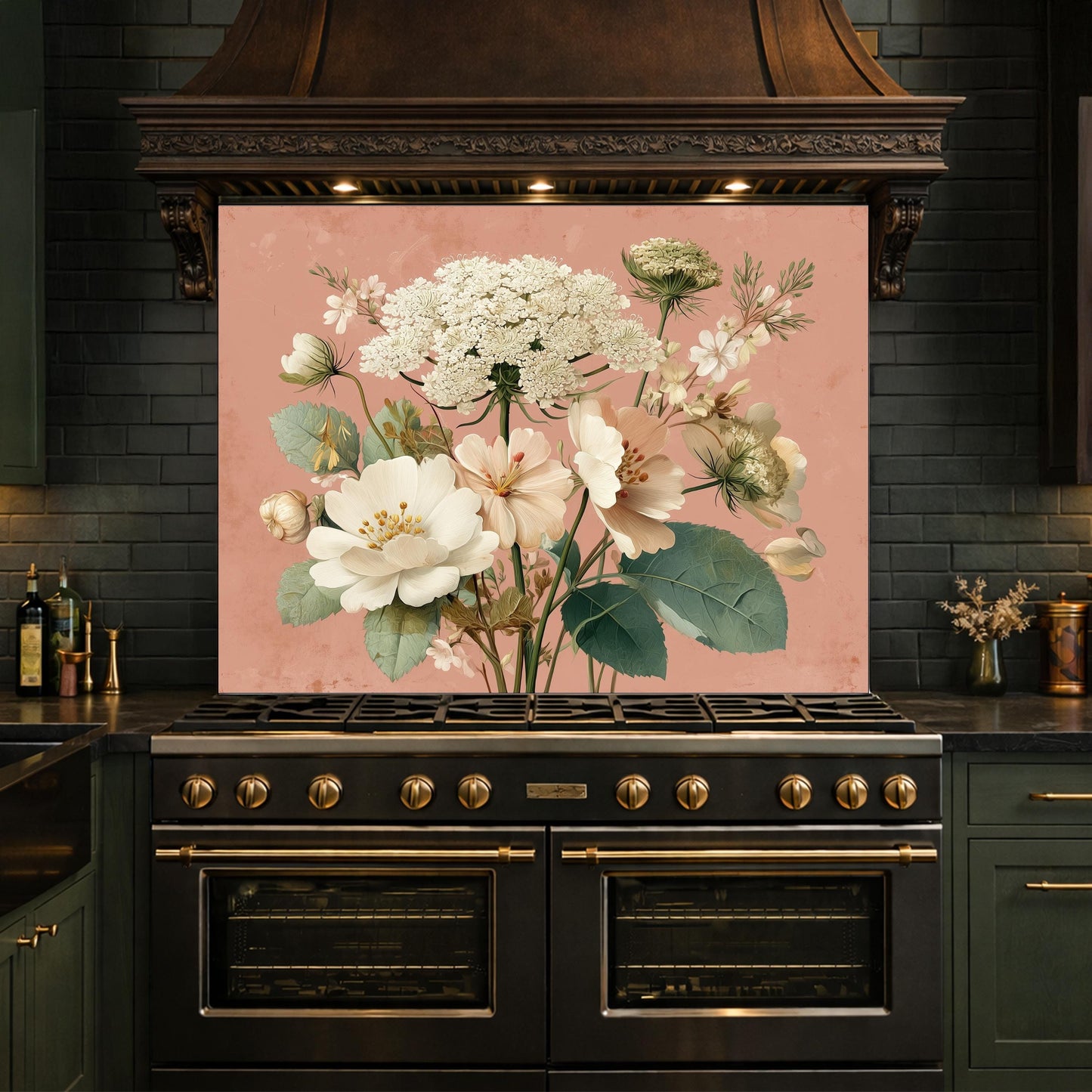Neutral Floral Tempered Glass Kitchen Backsplash, Modern Wall Art Decor