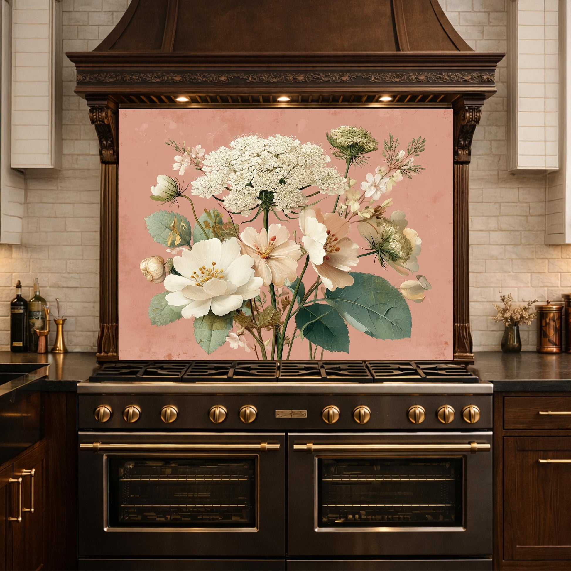 Neutral Floral Tempered Glass Kitchen Backsplash, Modern Wall Art Decor