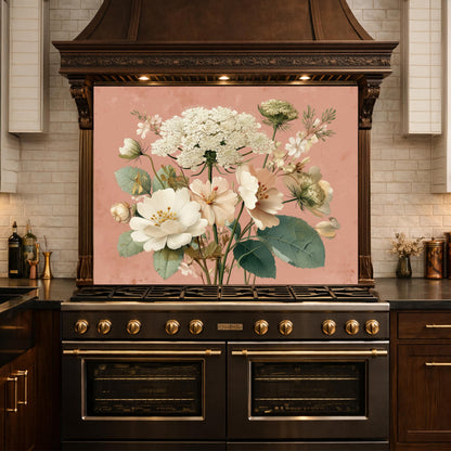 Neutral Floral Tempered Glass Kitchen Backsplash, Modern Wall Art Decor