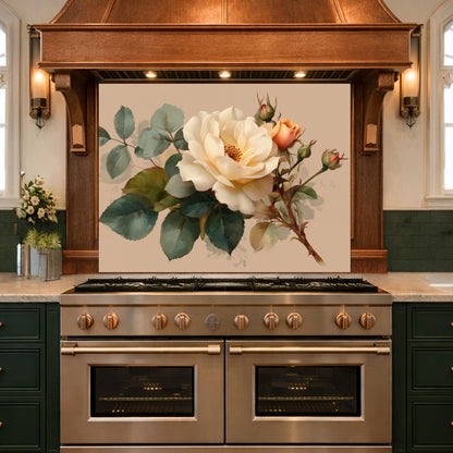 Soft Peach Floral Tempered Glass Kitchen Backsplash, Cream Blush Flower Wall Art