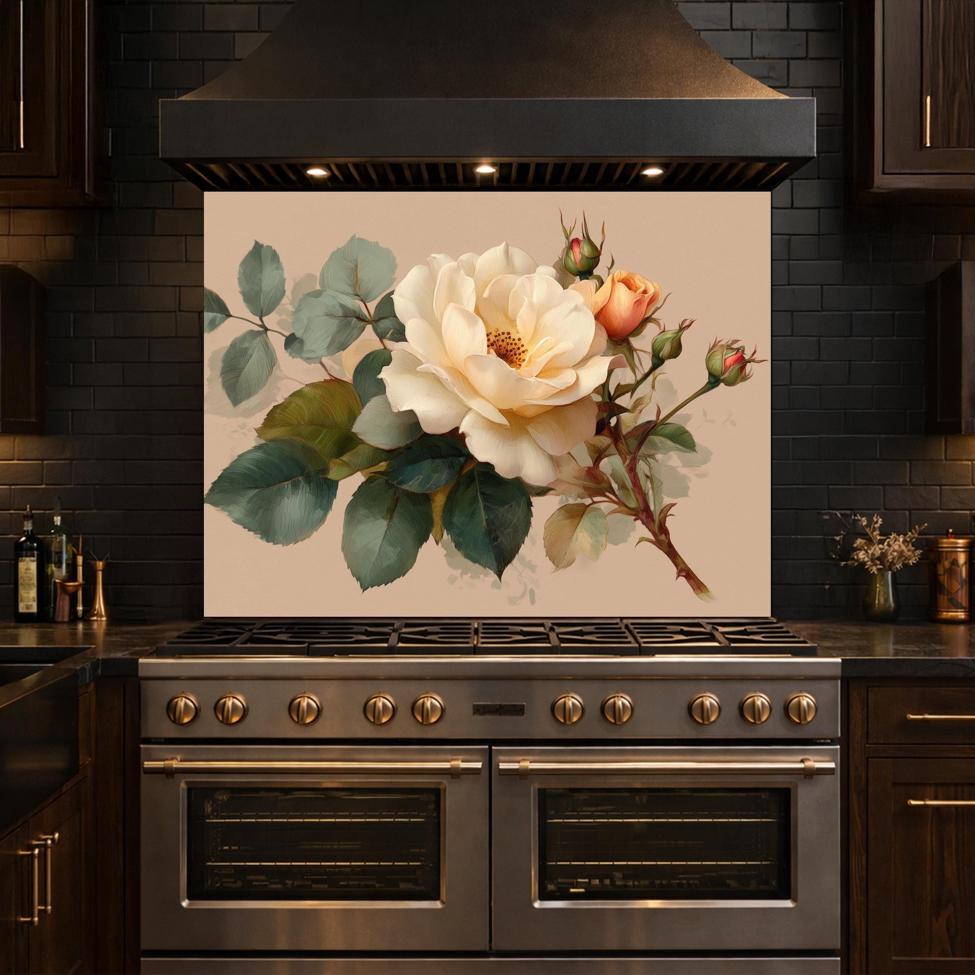 Soft Peach Floral Tempered Glass Kitchen Backsplash, Cream Blush Flower Wall Art